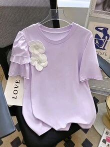 Franclia 大尺碼女款夏季休閒可愛仙氣優雅度假風不對稱花卉3D短袖寬鬆T恤 約會之夜早午餐 粉色花卉 - 淡紫色 - 查看 8