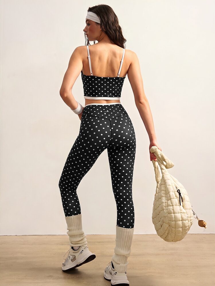 VARSIVA Women's Polka Dot Print Camisole Top And Criss-Cross Waist Contrast Color Long Pants Sports Set - Black and White - View 8