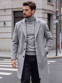 Manfinity Mode Men's Solid Color Pocket & Button Front Long Sleeve Overcoat, Autumn Fall, Winter Ceremony, Formal, Old Money - Grey - View 4