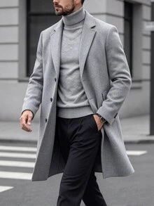Manfinity Mode Men's Solid Color Pocket & Button Front Long Sleeve Overcoat, Autumn Fall, Winter Ceremony, Formal, Old Money - Grey - View 6