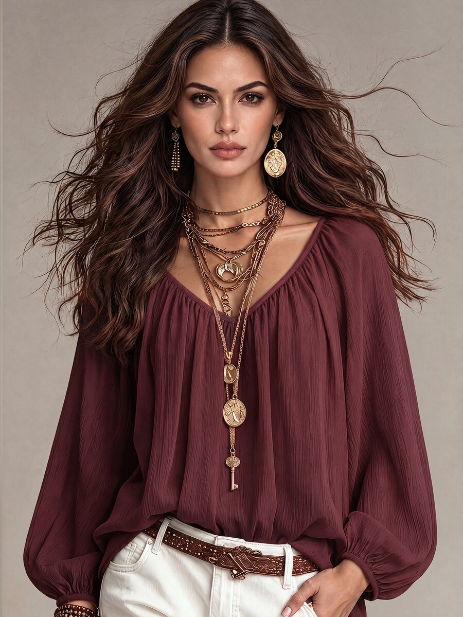 Omancia Women's Minimalist Pleated Texture Long Sleeve Blouse - Burgundy - View 1