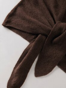 SHEIN 麻灰色米色前領結針織上衣，寬鬆氣球袖短版毛衣，柔軟休閒 V 領針織衫 - 咖啡棕 - 查看 4