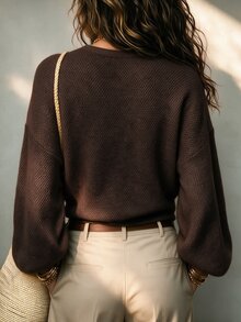 SHEIN 麻灰色米色前領結針織上衣，寬鬆氣球袖短版毛衣，柔軟休閒 V 領針織衫 - 咖啡棕 - 查看 2