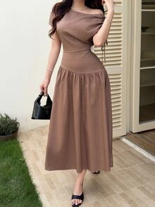 Feyla 女款純色抓皺不對稱腰線優雅中長洋裝，適合派對、花園派對，咖啡棕色，夏季款 - 咖啡棕 - 查看 7