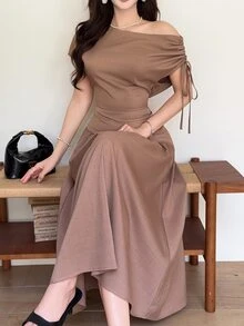 Feyla 女款純色抓皺不對稱腰線優雅中長洋裝，適合派對、花園派對，咖啡棕色，夏季款 - 咖啡棕 - 查看 4