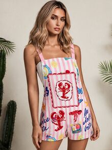 SHEIN Swim Women's Striped Lobster Print Pocket Cover Up Romper Beach - Multicolor - View 5