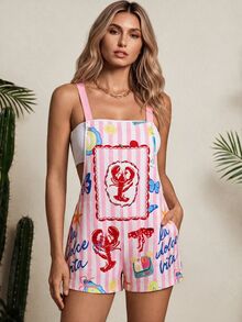 SHEIN Swim Women's Striped Lobster Print Pocket Cover Up Romper Beach - Multicolor - View 2