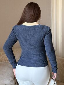 Dazy Plus Korean Style Fitted Colorblock Patchwork 2 In 1 Slim Long Sleeve T-Shirt Date Night Birthday Fall Casual Loose Fit - Blue - View 2
