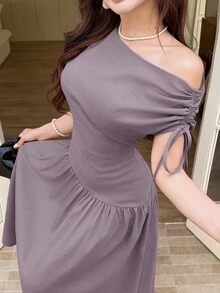 Feyla Women's Solid Color Asymmetrical Shoulder Drawstring Design Elegant Midi Dress - Purple - View 5