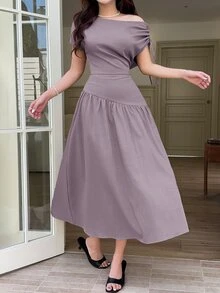 Feyla Women's Solid Color Asymmetrical Shoulder Drawstring Design Elegant Midi Dress - Purple - View 6