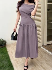Feyla Women's Solid Color Asymmetrical Shoulder Drawstring Design Elegant Midi Dress - Purple - View 7