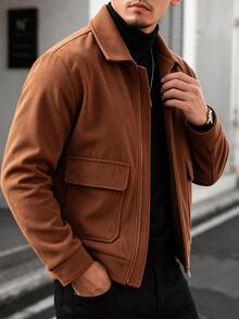 Manfinity Homme Men's Mature Casual Solid Brown Wool Short Jacket, Best Choice For Holiday Gift - Brown - View 3