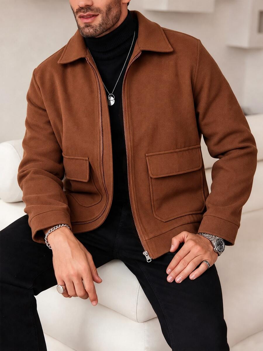 Manfinity Homme Men's Mature Casual Solid Brown Wool Short Jacket, Best Choice For Holiday Gift - Brown - View 1