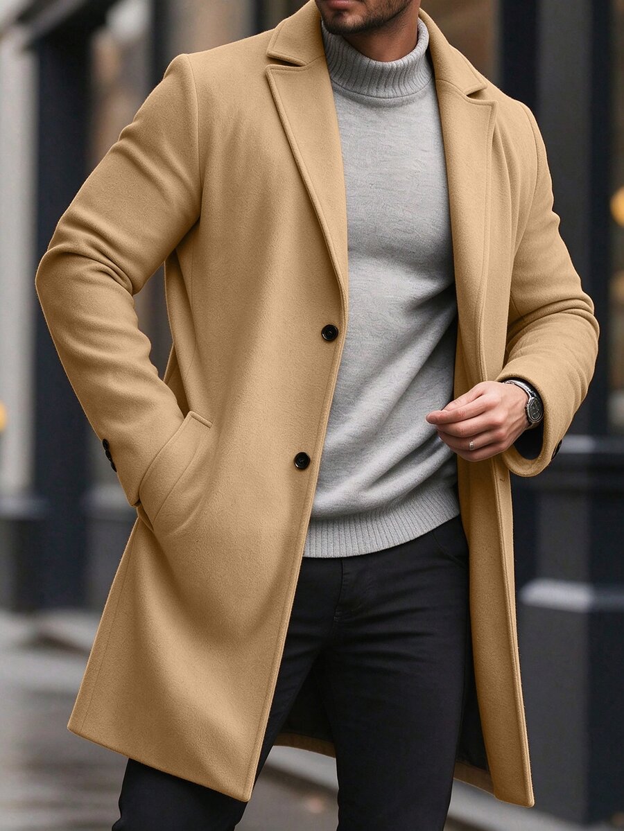 Manfinity Mode Men's Solid Color Pocket Button Front Long Sleeve Overcoat, Autumn Fall, Winter Ceremony Formal Office Camel Smart Casual Business, Formal - Khaki - View 1