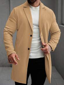 Manfinity Mode Men's Solid Color Pocket Button Front Long Sleeve Overcoat, Autumn Fall, Winter Ceremony Formal Office Camel Smart Casual Business, Formal - Khaki - View 6
