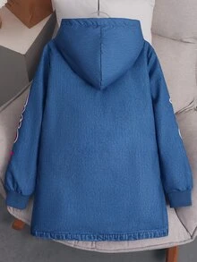 SHEIN Girls' Winter Hooded Thick Fleece Vintage Cute Floral Mid-Length Coat, School Gym - Blue - View 2