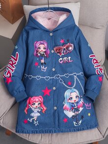 SHEIN Girls' Winter Hooded Thick Fleece Vintage Cute Floral Mid-Length Coat, School Gym - Blue - View 1