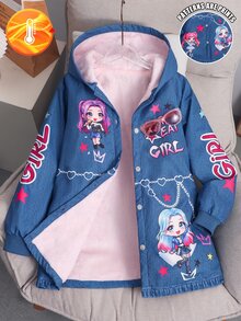 SHEIN Girls' Winter Hooded Thick Fleece Vintage Cute Floral Mid-Length Coat, School Gym - Blue - View 7