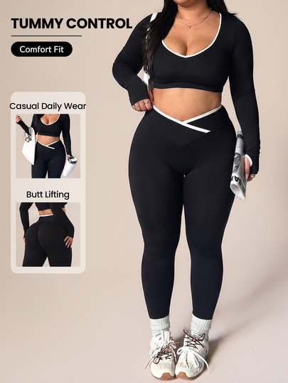 SHEIN Rhythm Era Plus Size Cropped Top Leggings Sports Athletic Set Gym Black And White Autumn Gym Sports Sports Gym Gym Pilates Gym Pilates Gym Pilates