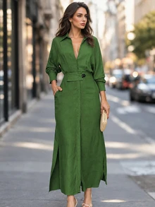 Balvessa Solid Color V-Neck Empire Waist Side Split Dress Maxi Women Outfit Fall Cloth For Women - Army Green - View 4