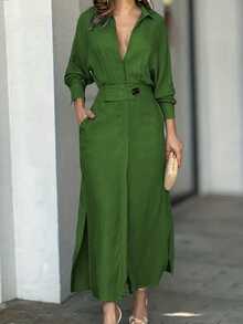 Balvessa Solid Color V-Neck Empire Waist Side Split Dress Maxi Women Outfit Fall Cloth For Women - Army Green - View 2