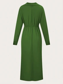 Balvessa Solid Color V-Neck Empire Waist Side Split Dress Maxi Women Outfit Fall Cloth For Women - Army Green - View 3