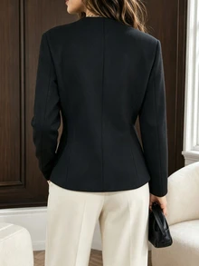 SHEIN Franclia Spring Fall 2026 New Arrival Gold Button Patch Pockets Office Casual Black French Chic Collarless Long Sleeve Fitted Cropped Blazer - Black - View 2
