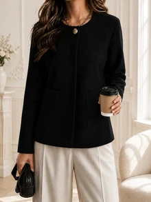 SHEIN Franclia Spring Fall 2026 New Arrival Gold Button Patch Pockets Office Casual Black French Chic Collarless Long Sleeve Fitted Cropped Blazer - Black - View 6