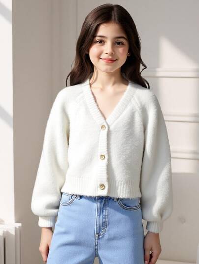 SHEIN Cardigan Rajut Lembut Lengan Raglan untuk Remaja Perempuan, Cocok untuk Musim Gugur/Musim Dingin