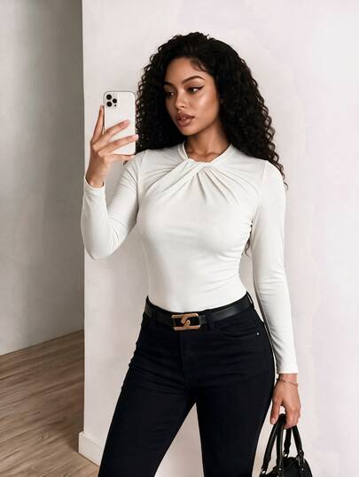 Zolique Women's Casual Elegant Bowknot Collar Slim Fitted Ruffled Hem Solid Color Long Sleeve T-Shirt, Autumn Everyday White Brunch