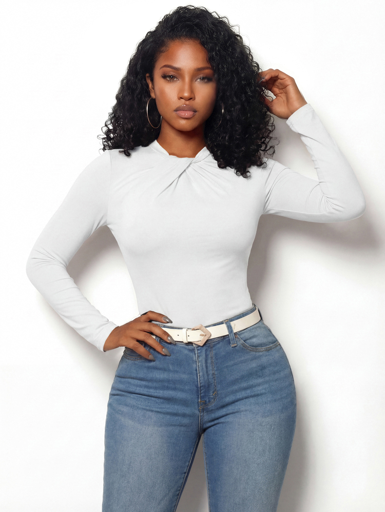 Zolique Women's Casual Elegant Bowknot Collar Slim Fitted Ruffled Hem Solid Color Long Sleeve T-Shirt, Autumn Everyday White Brunch - White - View 9
