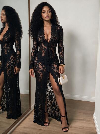 Zolique Women's Elegant Lacy Sexy Sheer Lace Patchwork Black Floral Long Sleeve Dress, Autumn Party Night, Shiny Glitter New Year's Eve Outfit Halloween