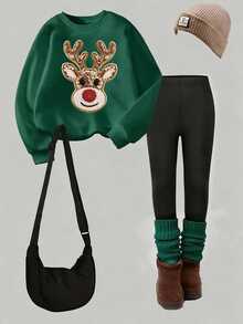 (1 Set) Christmas Autumn/Winter Girls' Comfortable Fresh Sequin Reindeer Pattern Crew Neck Sweatshirt And Leggings 2 Pieces Set Holiday Outfit Red Sweatshirt Reindeer - Multicolor - View 4