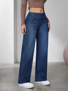 Flexra 女款收腹四向彈力寬鬆直筒休閒牛仔褲 秋冬寬腰頭雙鈕扣通勤運動顯臀藍色 - 深色水洗藍 - 查看 3