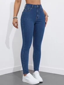 SHEIN ICON بنطلون جينز طويل كاجوال للنساء مع جيوب وأزرار للارتداء اليومي - أزرق داكن - مشاهدة 3