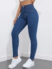 SHEIN ICON بنطلون جينز طويل كاجوال للنساء مع جيوب وأزرار للارتداء اليومي - أزرق داكن - مشاهدة 4