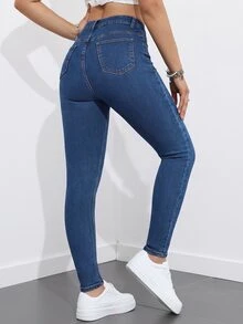SHEIN ICON بنطلون جينز طويل كاجوال للنساء مع جيوب وأزرار للارتداء اليومي - أزرق داكن - مشاهدة 2