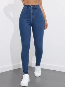 SHEIN ICON بنطلون جينز طويل كاجوال للنساء مع جيوب وأزرار للارتداء اليومي - أزرق داكن - مشاهدة 5