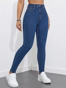 SHEIN ICON بنطلون جينز طويل كاجوال للنساء مع جيوب وأزرار للارتداء اليومي - أزرق داكن - مشاهدة 1
