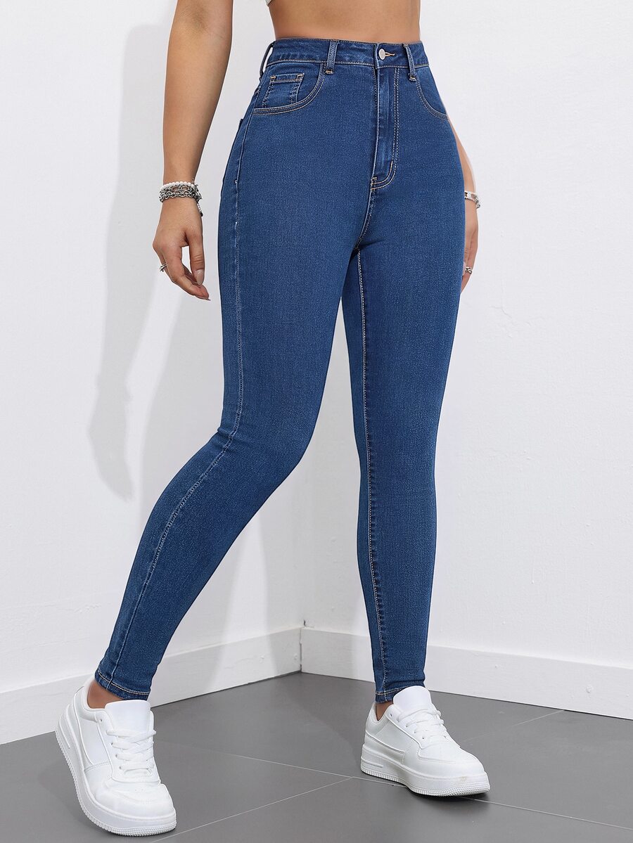 SHEIN ICON بنطلون جينز طويل كاجوال للنساء مع جيوب وأزرار للارتداء اليومي - أزرق داكن - مشاهدة 1