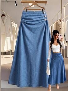 GlowEve Rok Denim Lipit Elegan untuk Wanita - Medium Wash - View 6