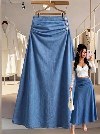 GlowEve Women's Elegant Pleated Denim Skirt