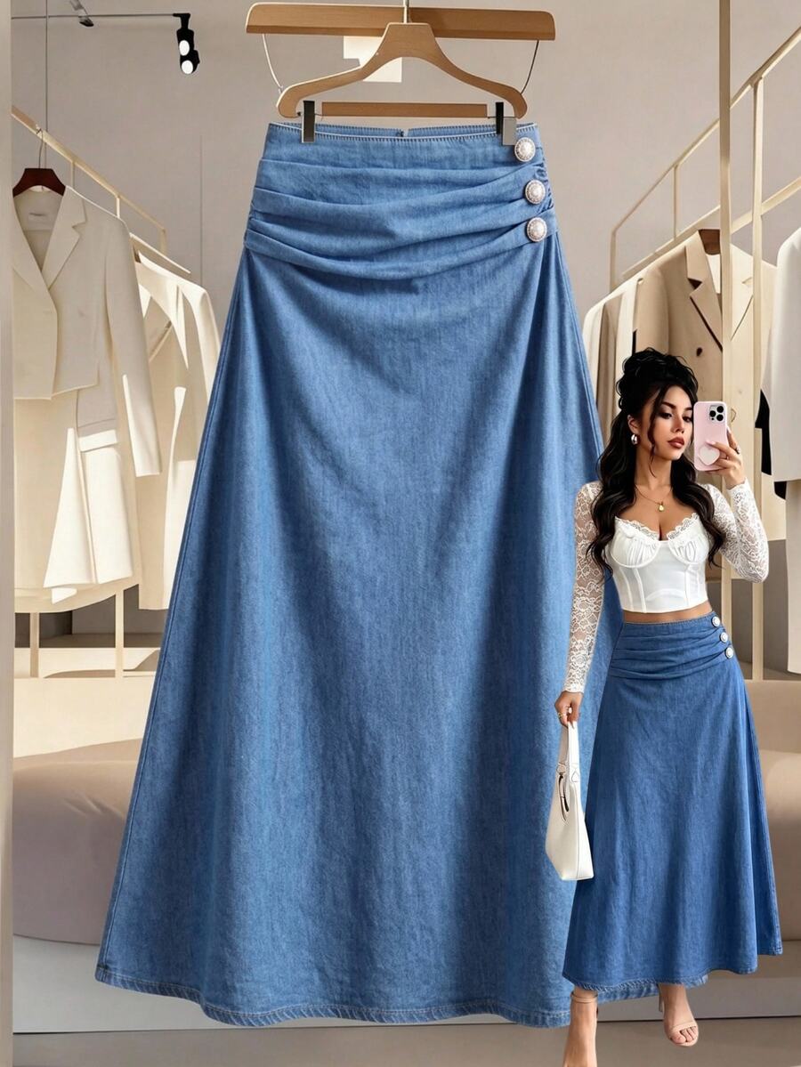 GlowEve Women's Elegant Pleated Denim Skirt - Medium Wash - View 1