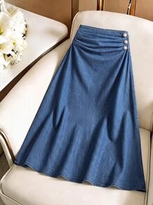 GlowEve Rok Denim Lipit Elegan untuk Wanita - Medium Wash - View 1