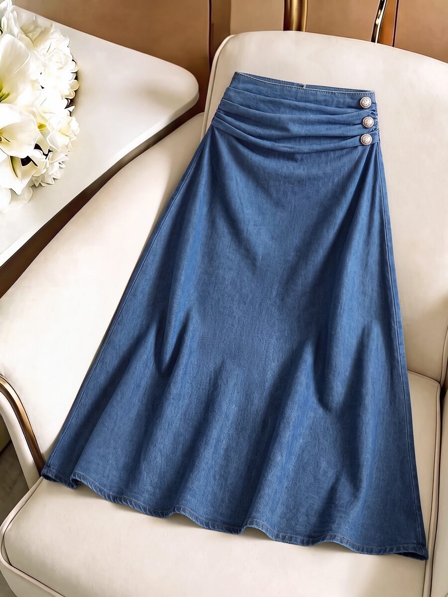 GlowEve Rok Denim Lipit Elegan untuk Wanita - Medium Wash - View 1