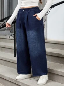 Flexra Plus Size Women's Thickened Elastic Waist Wide Leg Casual Winter Cargo Denim Jeans Fall Casual Elastic Waist Fleece-Lined Sporty Dark Blue - Dark Wash - View 6