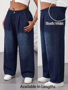 Flexra Plus Size Women's Thickened Elastic Waist Wide Leg Casual Winter Cargo Denim Jeans Fall Casual Elastic Waist Fleece-Lined Sporty Dark Blue - Dark Wash - View 1