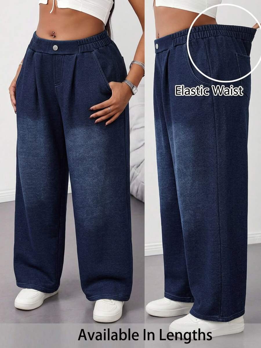 Flexra Plus Size Women's Thickened Elastic Waist Wide Leg Casual Winter Cargo Denim Jeans Fall Casual Elastic Waist Fleece-Lined Sporty Dark Blue - Dark Wash - View 1