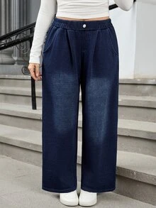 Flexra Plus Size Women's Thickened Elastic Waist Wide Leg Casual Winter Cargo Denim Jeans Fall Casual Elastic Waist Fleece-Lined Sporty Dark Blue - Dark Wash - View 8
