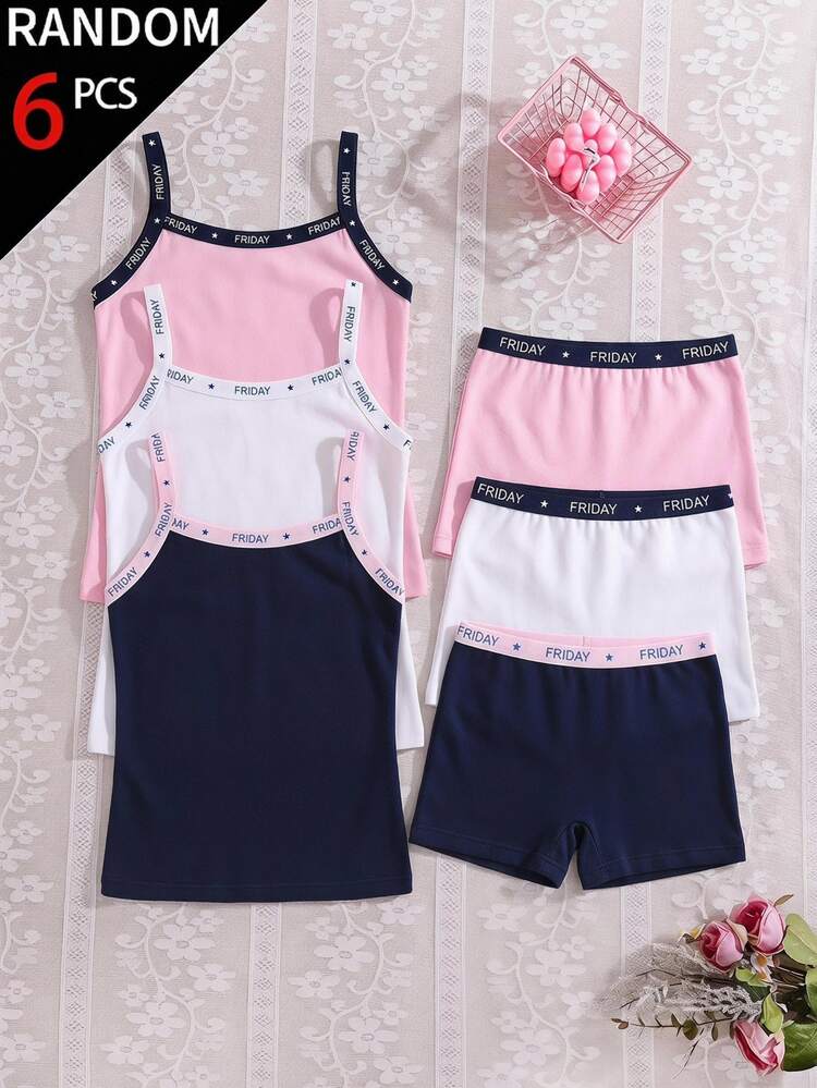 Tween Girl Square Neck Sleeveless Shorts Underwear Set Pink Light Blue Navy Blue Letter Graphic Soft Comfy Casual Cute Cow Girl Family Fall - Multicolor - View 1